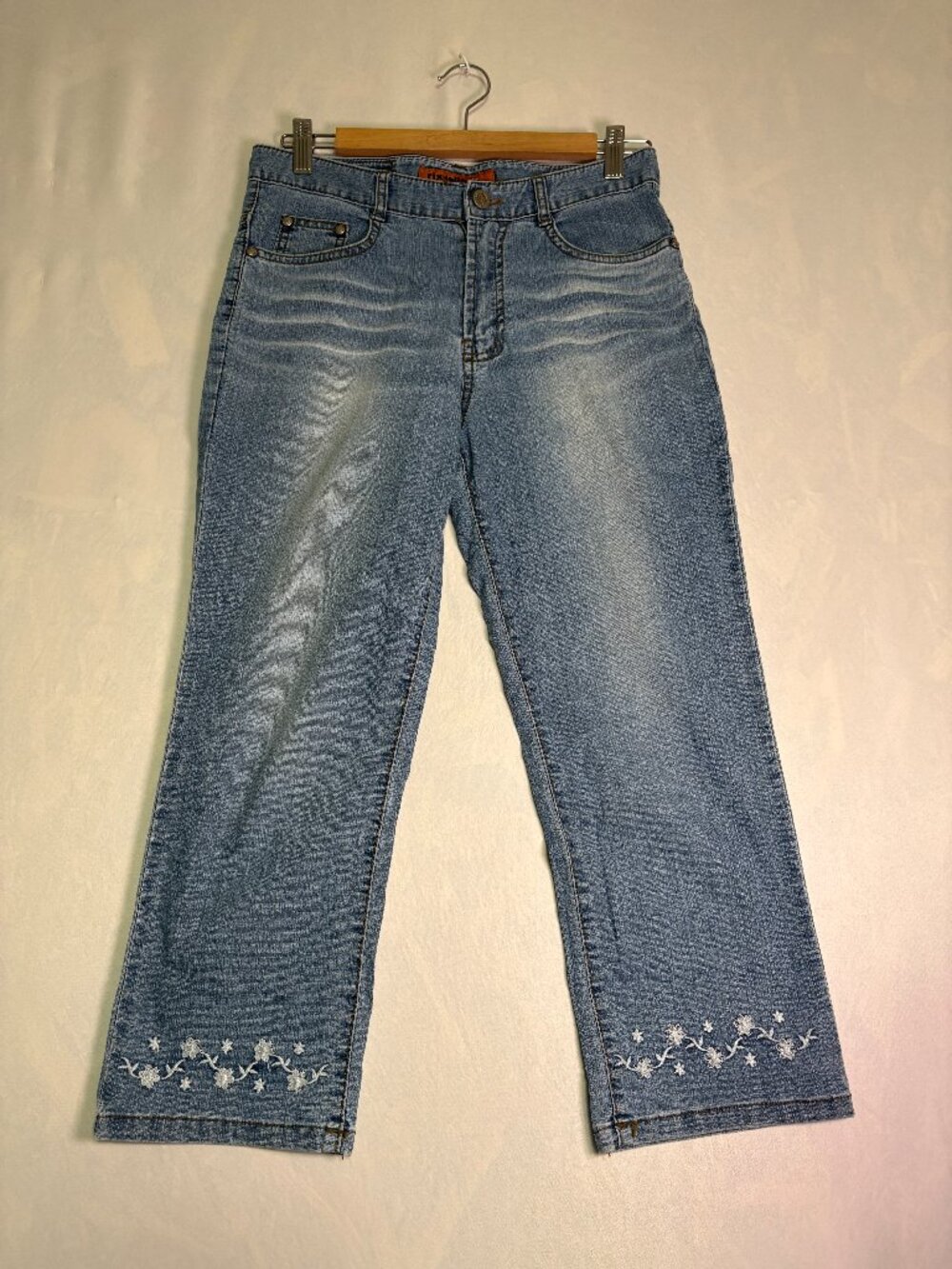Rixdollar Light Wash Floral Embroidered Hem Jeans Blue Denim